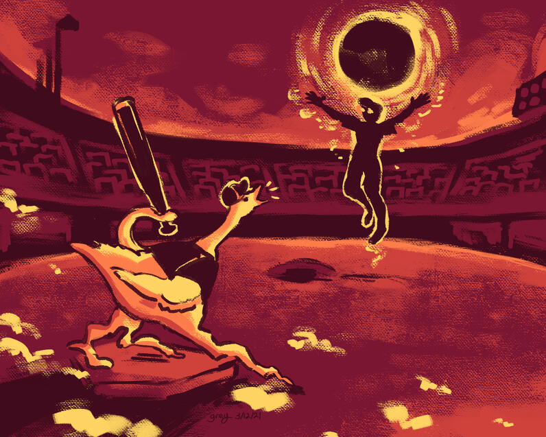 The Incineration of Sutton Bishop by the Coward Rogue Umpire - Fanart of Sutton Bishop from Blaseball, March 2021.